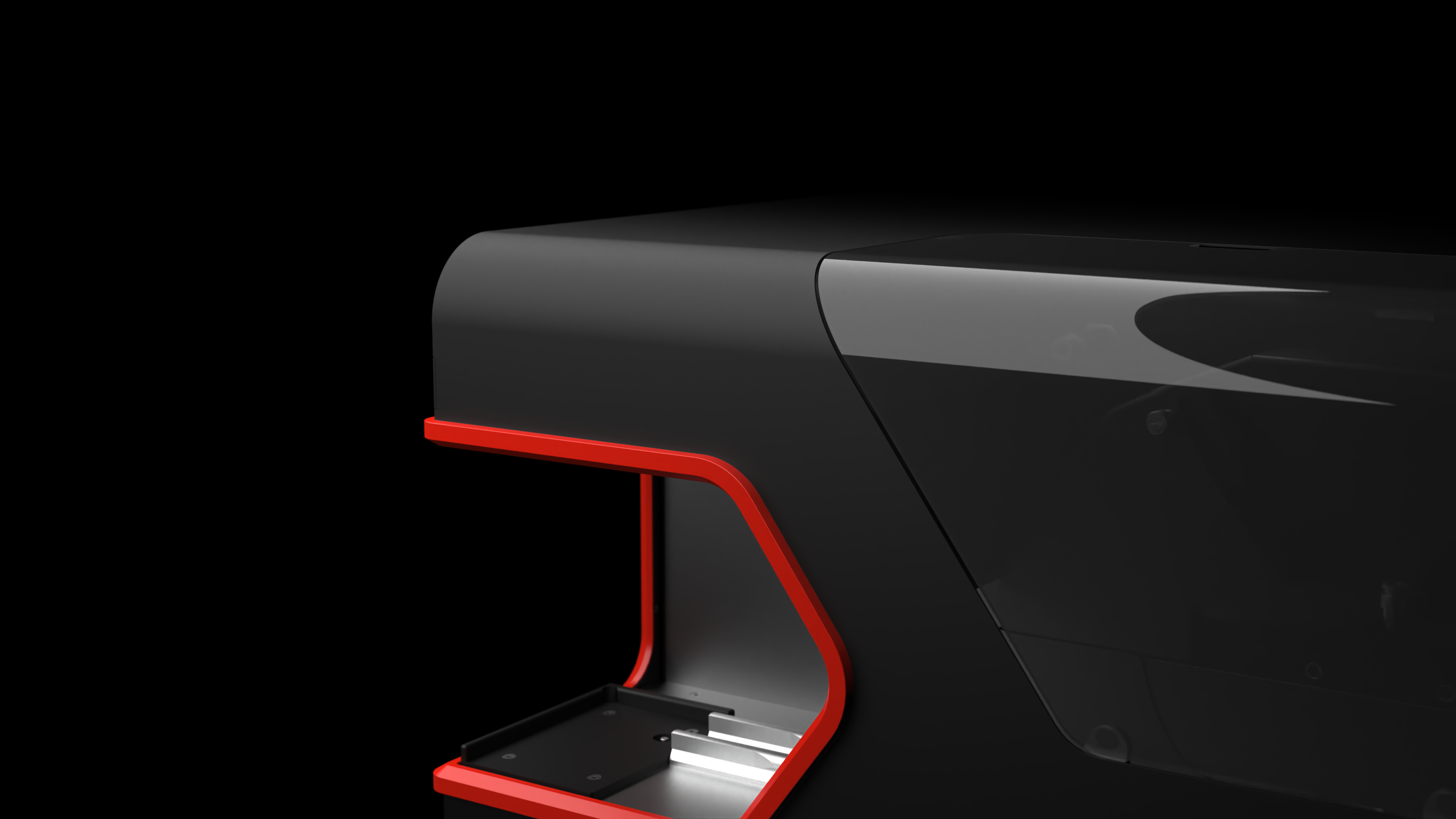 Roter Rahmen und transparente Wartungsklappe im Komax Microlab 45, Rendering